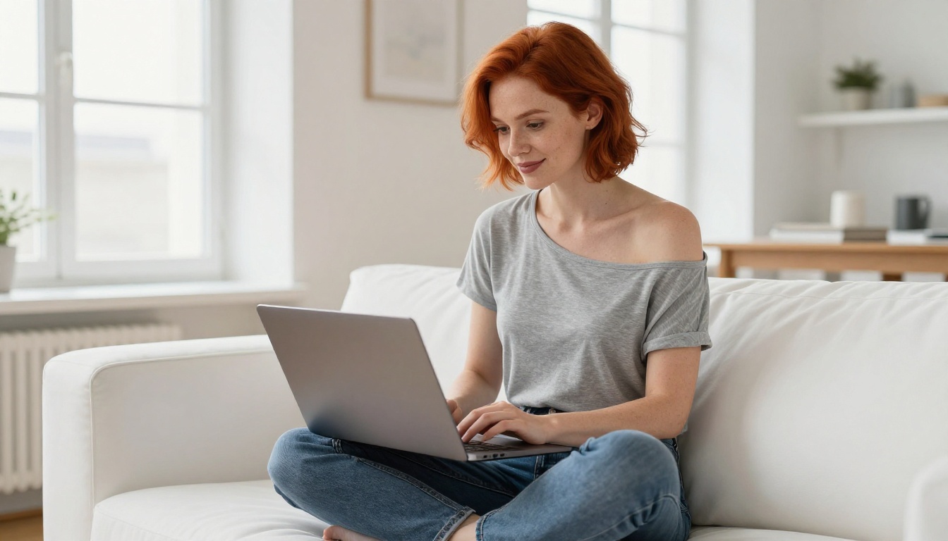 A confident woman with red hair on a sofa reading on a laptop in a bright apartment