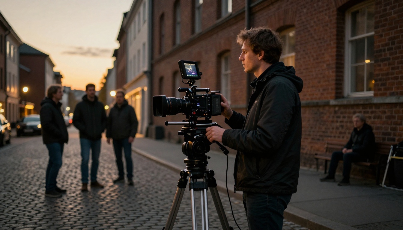 A film director reviewing footage on a camera monitor mounted on a gimbal rig at an outdoor urban set at dusk, small crew surrounding him A film director reviewing footage on a camera monitor mounted on a gimbal rig at an outdoor urban set at dusk, small crew surrounding him