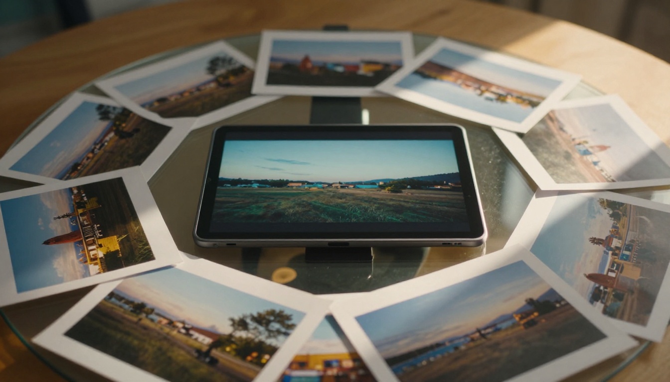 Multiple reference photographs converging toward a central video frame on a glass editing desk