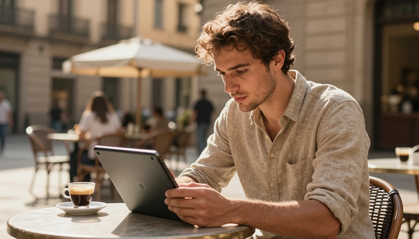 A cinematographer reviewing reference clips on a tablet at a sunny outdoor café