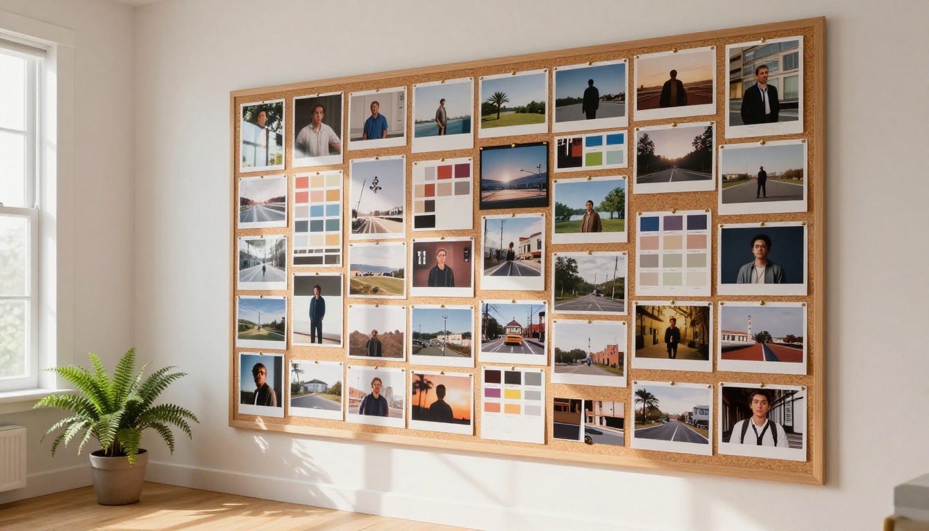 A creative director's mood board wall covered in film stills, location photos, and color swatches