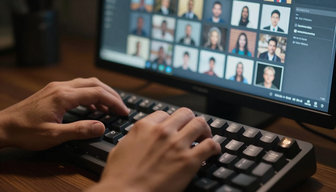 Close-up of hands typing on a mechanical keyboard with an AI video reference interface visible on screen