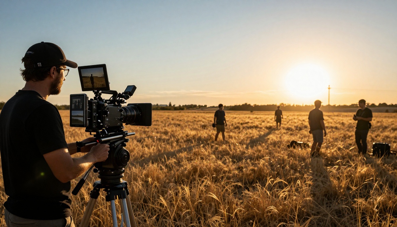 An outdoor film set at golden hour with a camera operator and director holding a reference tablet