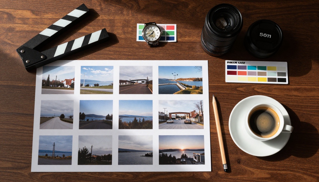 Overhead flat-lay of a filmmaker's workspace with reference photos, clapperboard, color charts, and espresso