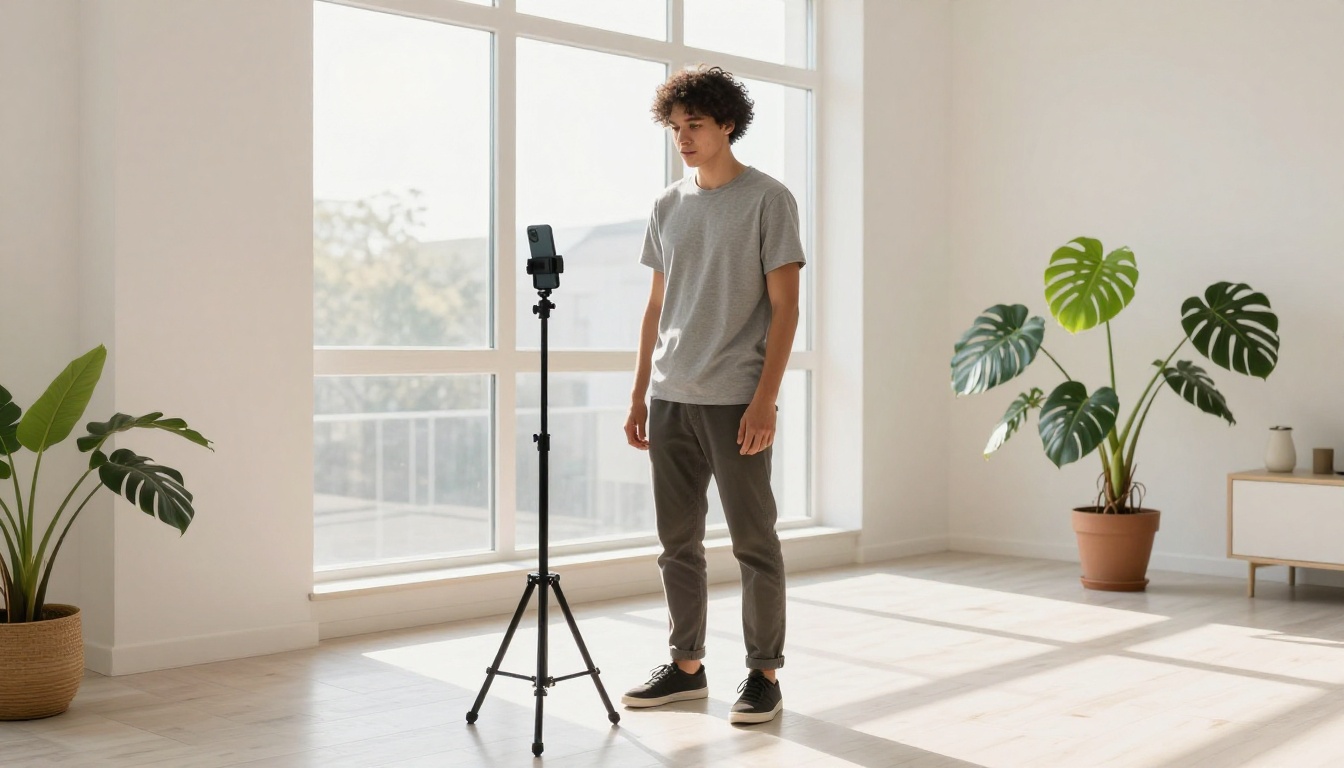 A young content creator filming in a bright minimalist apartment with golden morning light