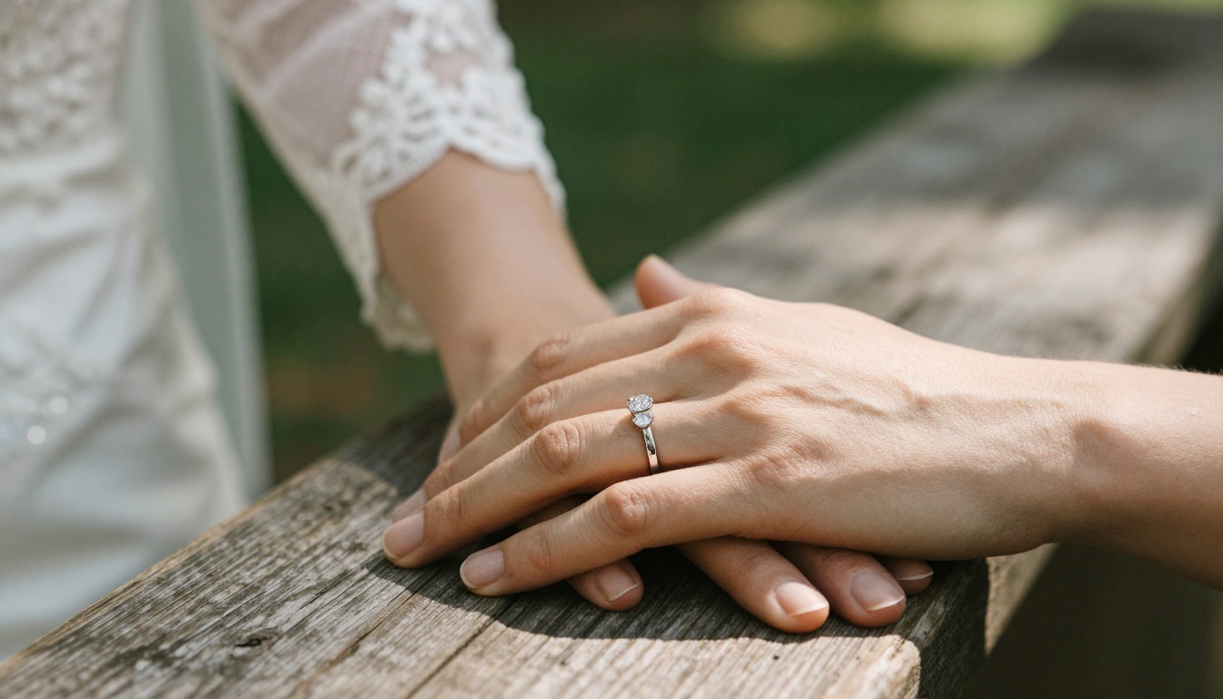 Intertwined hands with wedding rings in soft afternoon light Intertwined hands with wedding rings in soft afternoon light