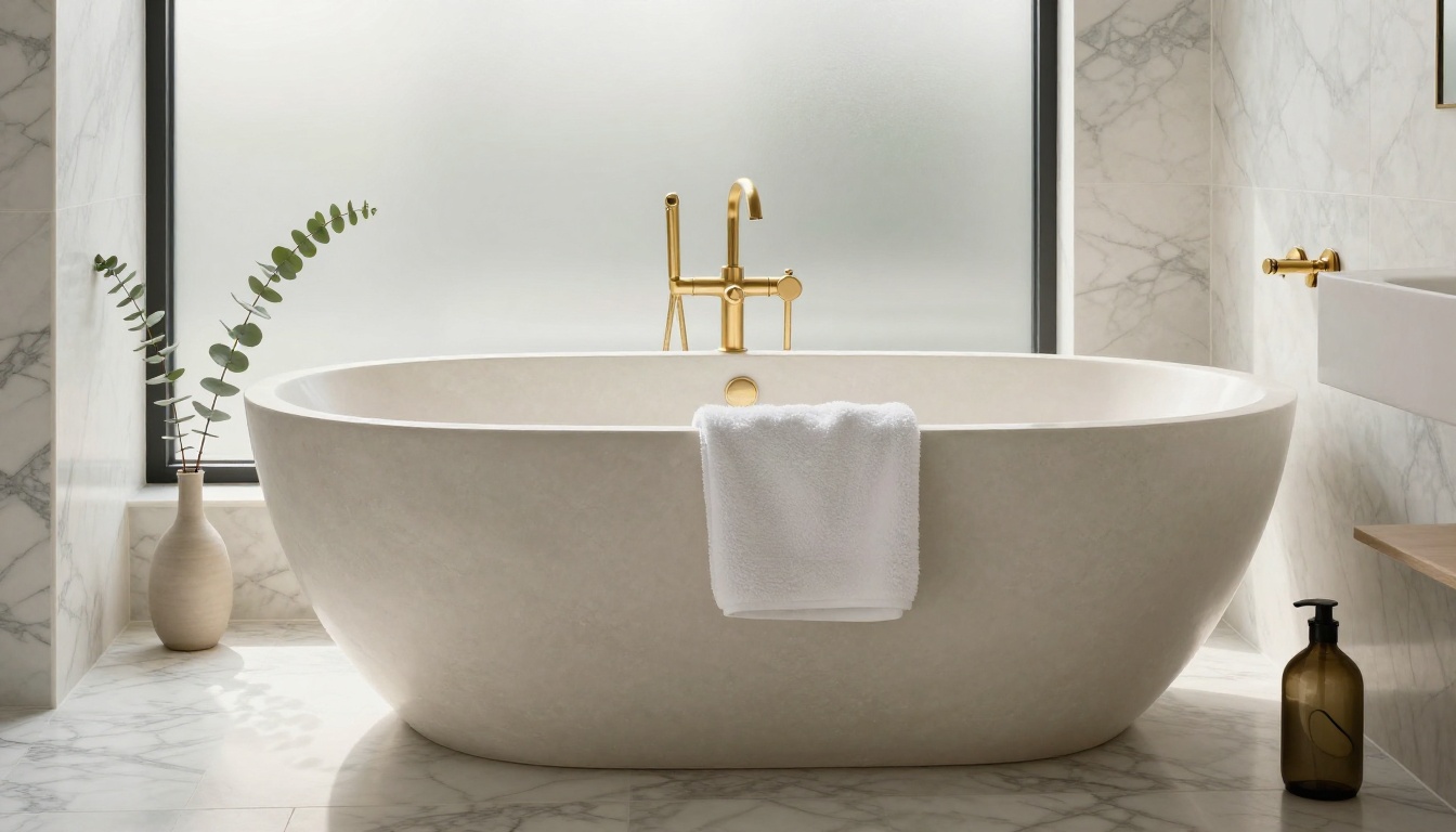Spa-style master bathroom with marble floor and freestanding soaking tub Spa-style master bathroom with marble floor and freestanding soaking tub