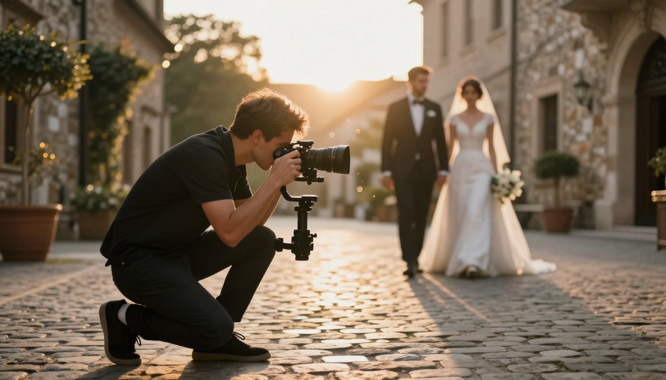 Professional wedding videographer with cinema camera at a cobblestone venue Professional wedding videographer with cinema camera at a cobblestone venue