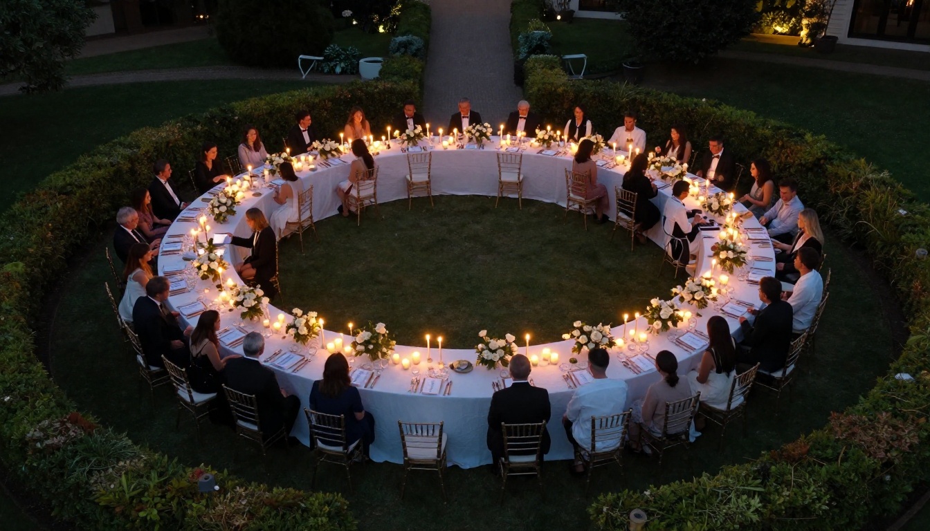Aerial view of outdoor wedding reception dinner tables with candlelight Aerial view of outdoor wedding reception dinner tables with candlelight