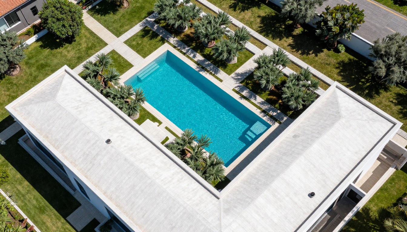 Aerial drone view of luxury property with pool and geometric garden layout Aerial drone view of luxury property with pool and geometric garden layout