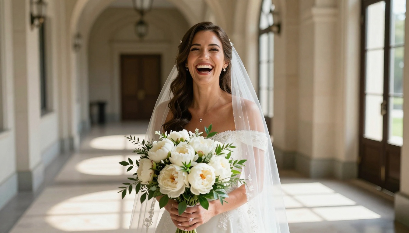 Bride laughing in sunlit hallway holding bouquet of white peonies Bride laughing in sunlit hallway holding bouquet of white peonies