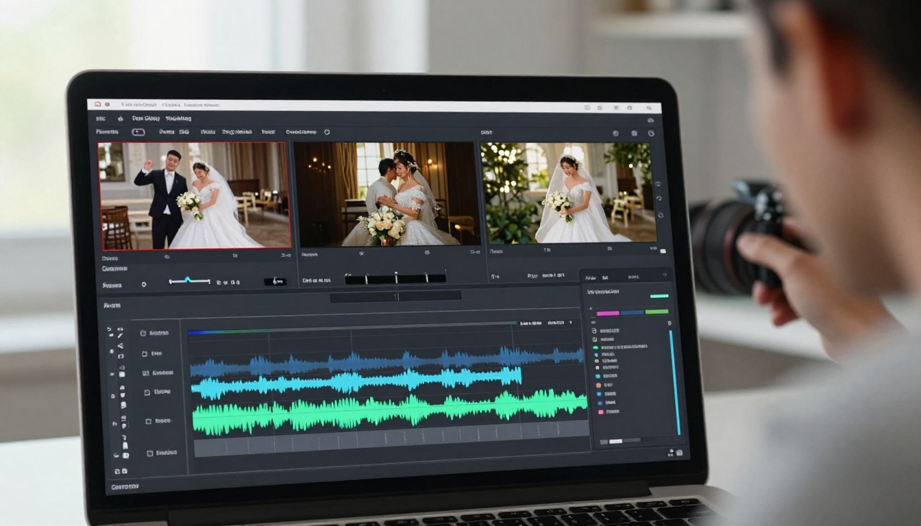 AI video editing timeline on laptop screen in home studio AI video editing timeline on laptop screen in home studio