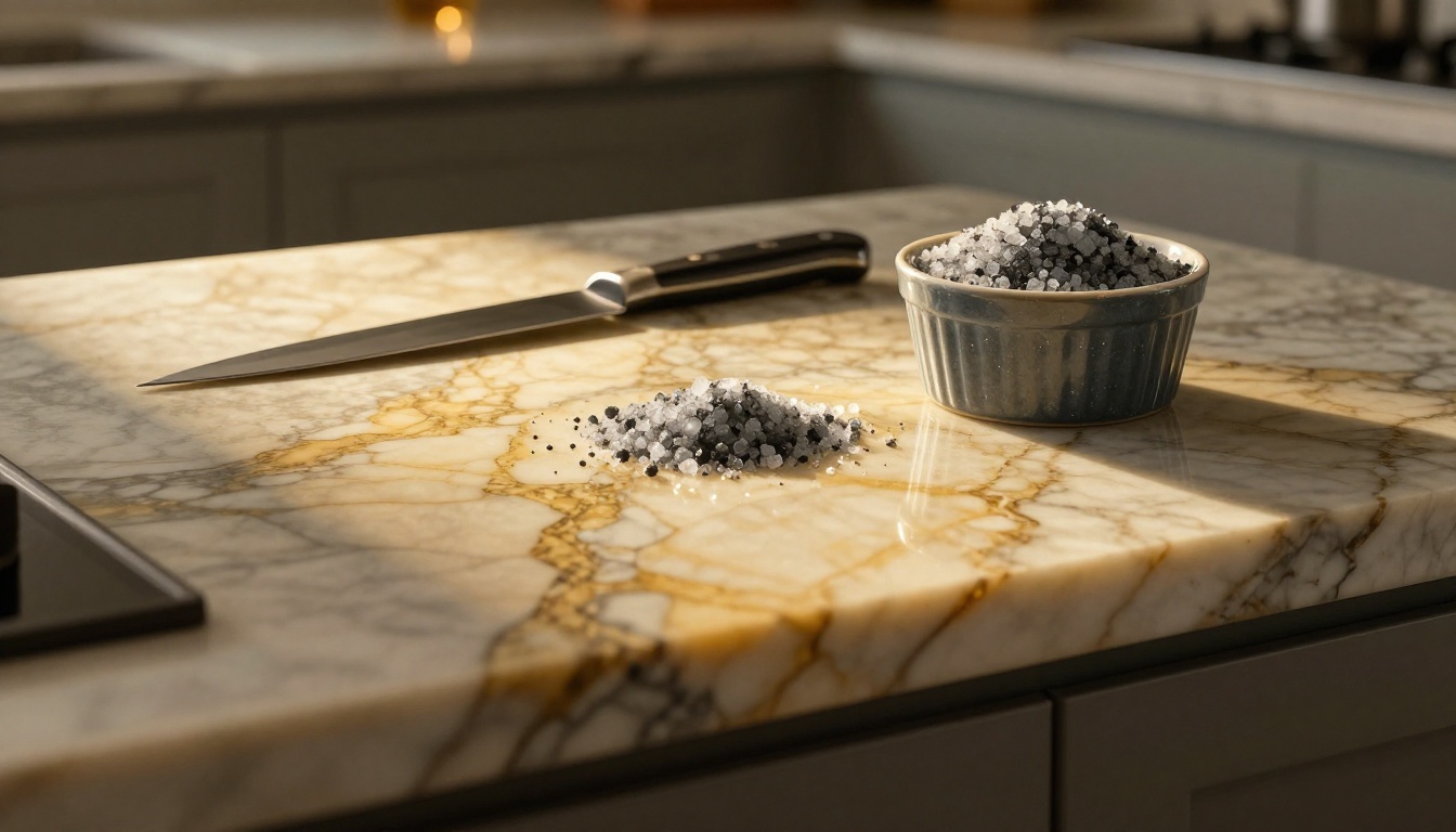 Luxury kitchen island with Calacatta marble countertop under raking tungsten light Luxury kitchen island with Calacatta marble countertop under raking tungsten light