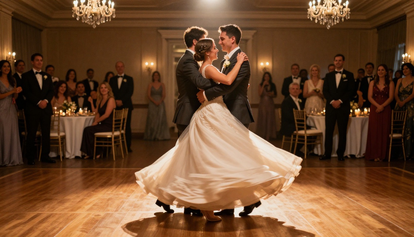 First dance in amber-lit ballroom with crystal chandeliers First dance in amber-lit ballroom with crystal chandeliers