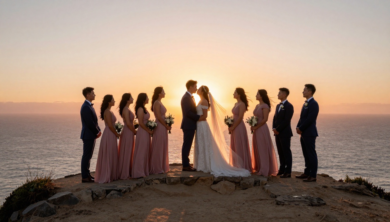 Cliffside wedding party at sunset overlooking ocean Cliffside wedding party at sunset overlooking ocean