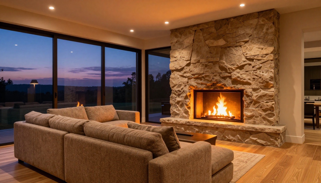 Luxury living room at dusk with fireplace glow and floor-to-ceiling glass facade Luxury living room at dusk with fireplace glow and floor-to-ceiling glass facade