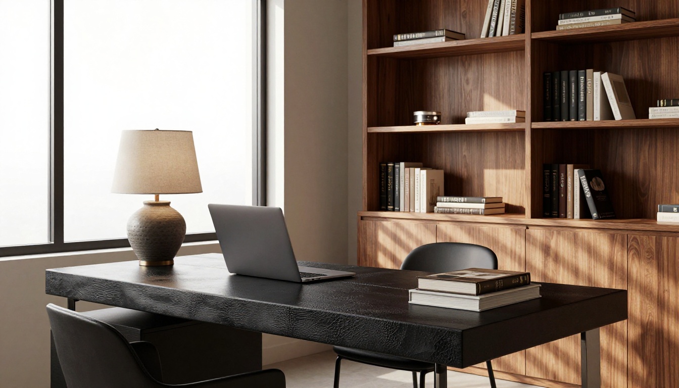Home office study with warm north-facing daylight and walnut shelving Home office study with warm north-facing daylight and walnut shelving