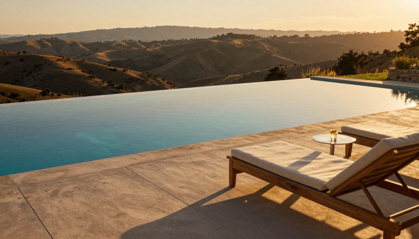 Luxury infinity pool terrace at golden hour with valley panorama beyond Luxury infinity pool terrace at golden hour with valley panorama beyond