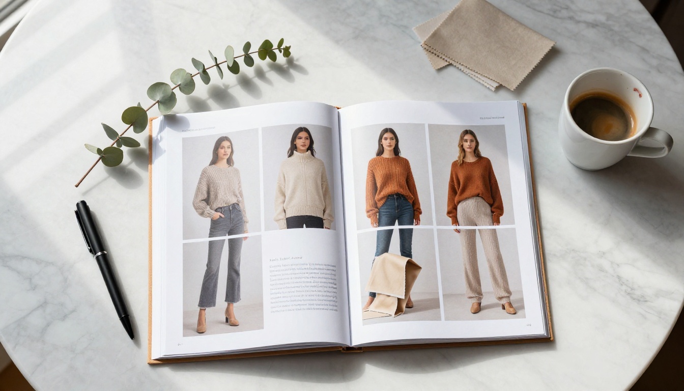 Fashion lookbook flat-lay spread on polished white marble