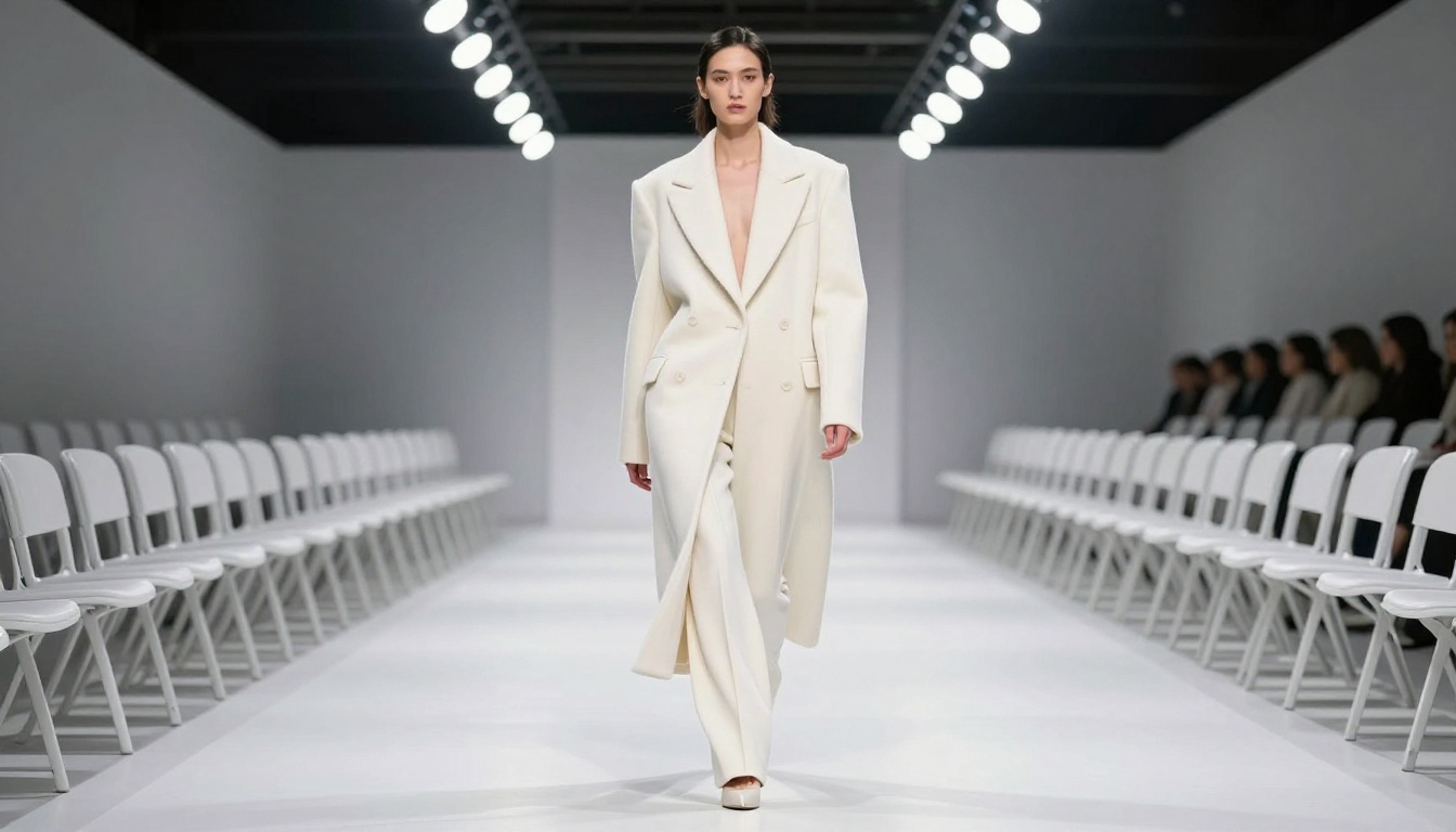 Model walking a stark white minimalist fashion runway