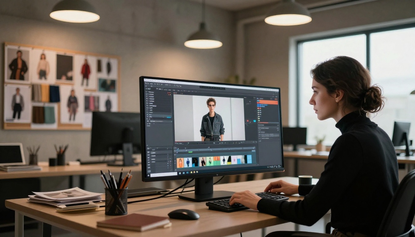Creative director reviewing AI fashion video on a studio monitor
