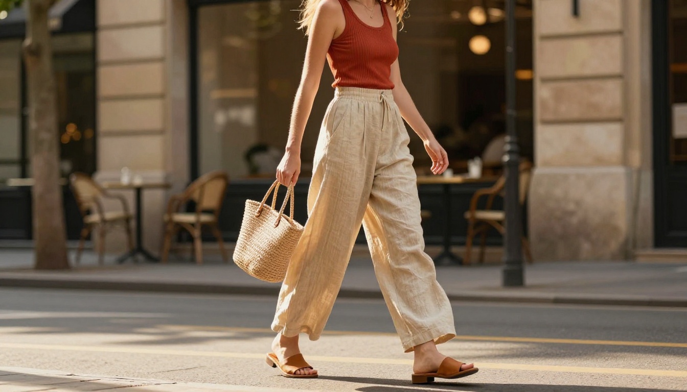 Model in casual chic outfit on a sun-lit urban street