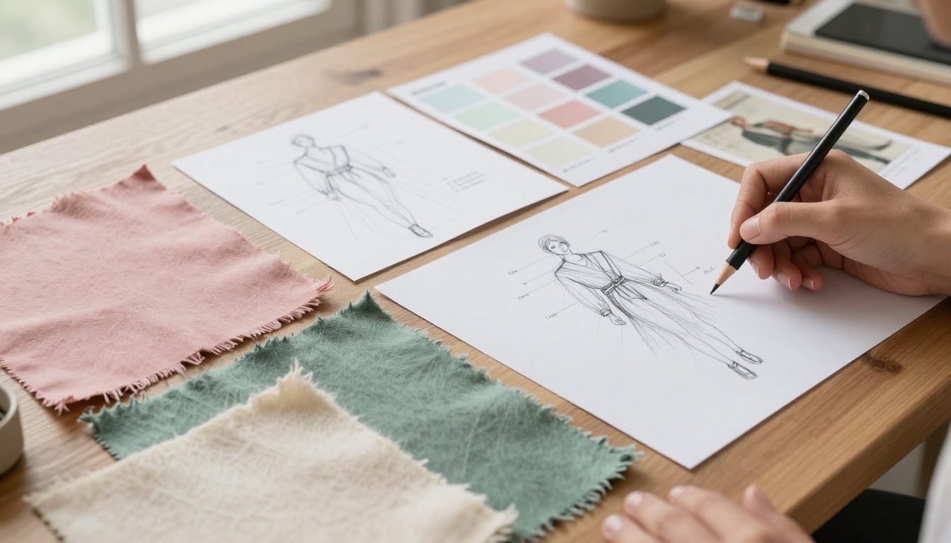 Fashion designer mood board with fabric swatches and pencil sketches