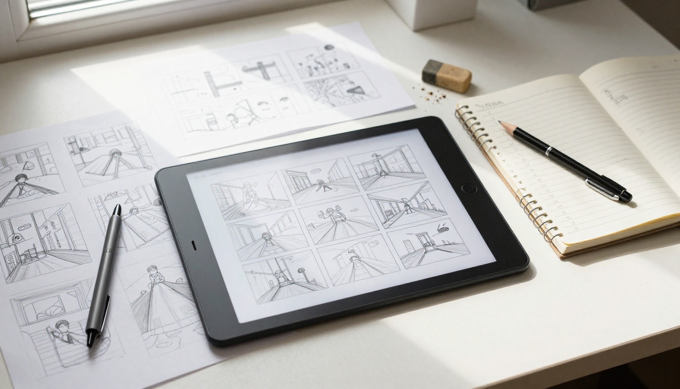 Storyboard sketches on a production desk with stylus and notebook