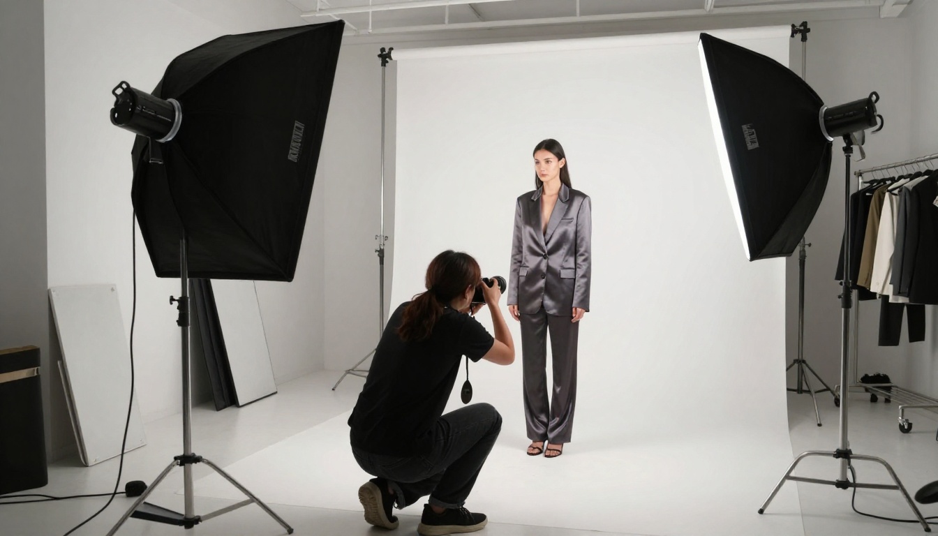Behind-the-scenes view of a professional fashion photo shoot in a studio
