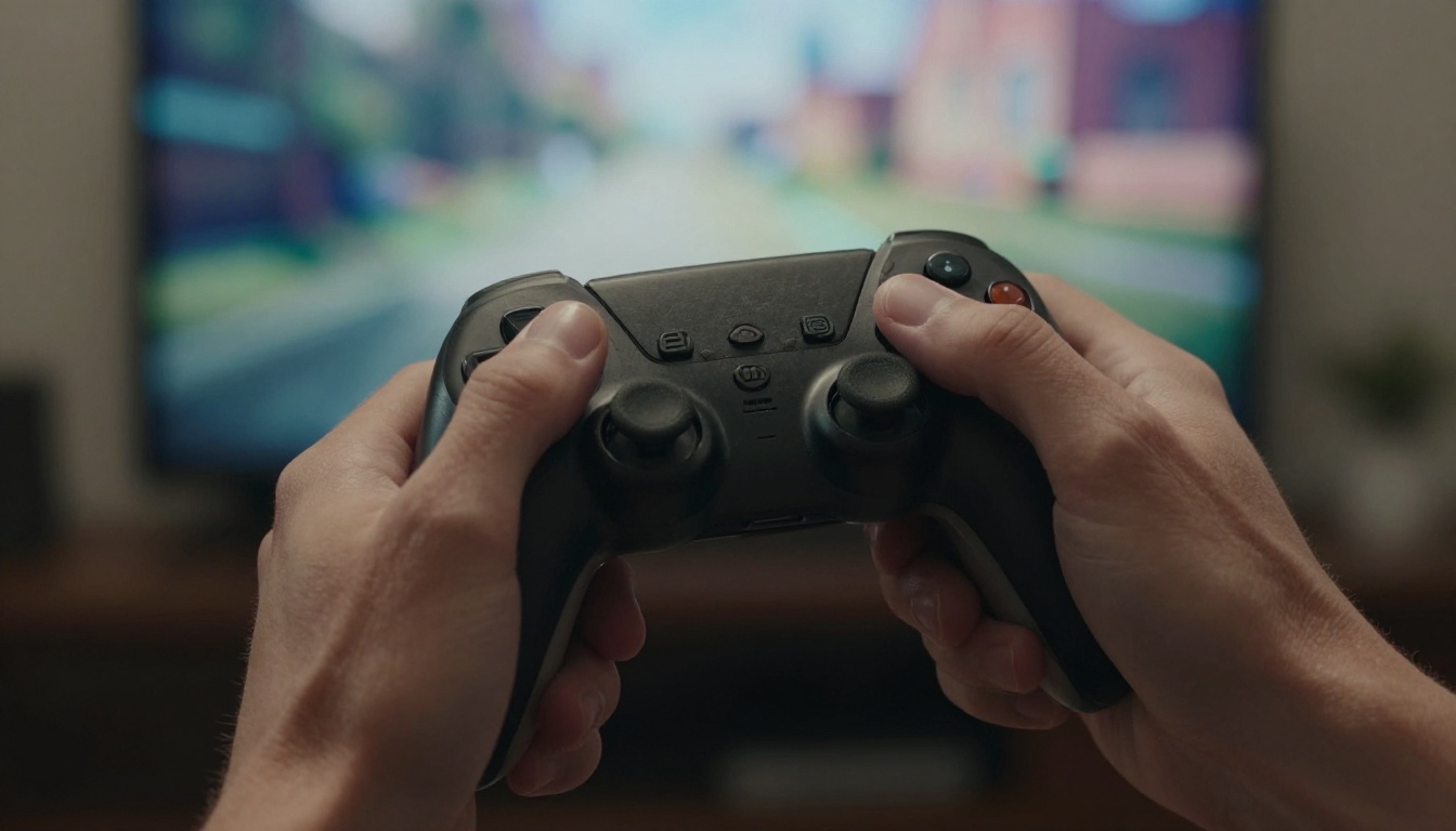 Gaming controller held in a darkened living room with screen light