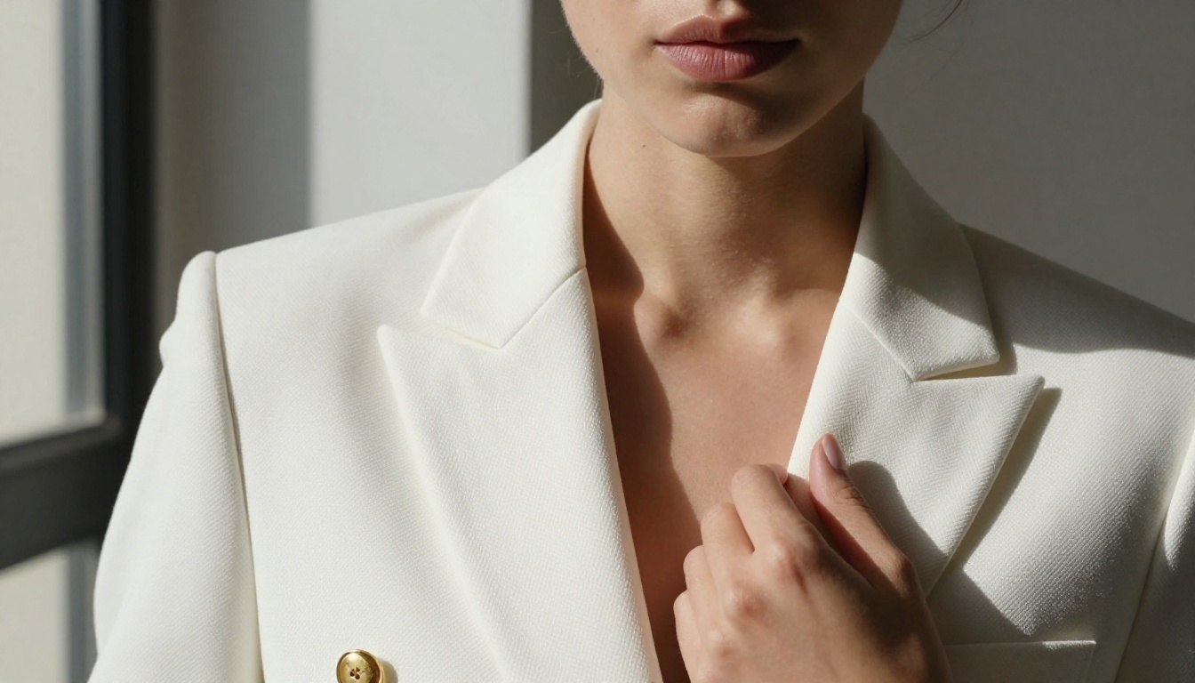 Portrait of model in structured white blazer with chiaroscuro sidelight
