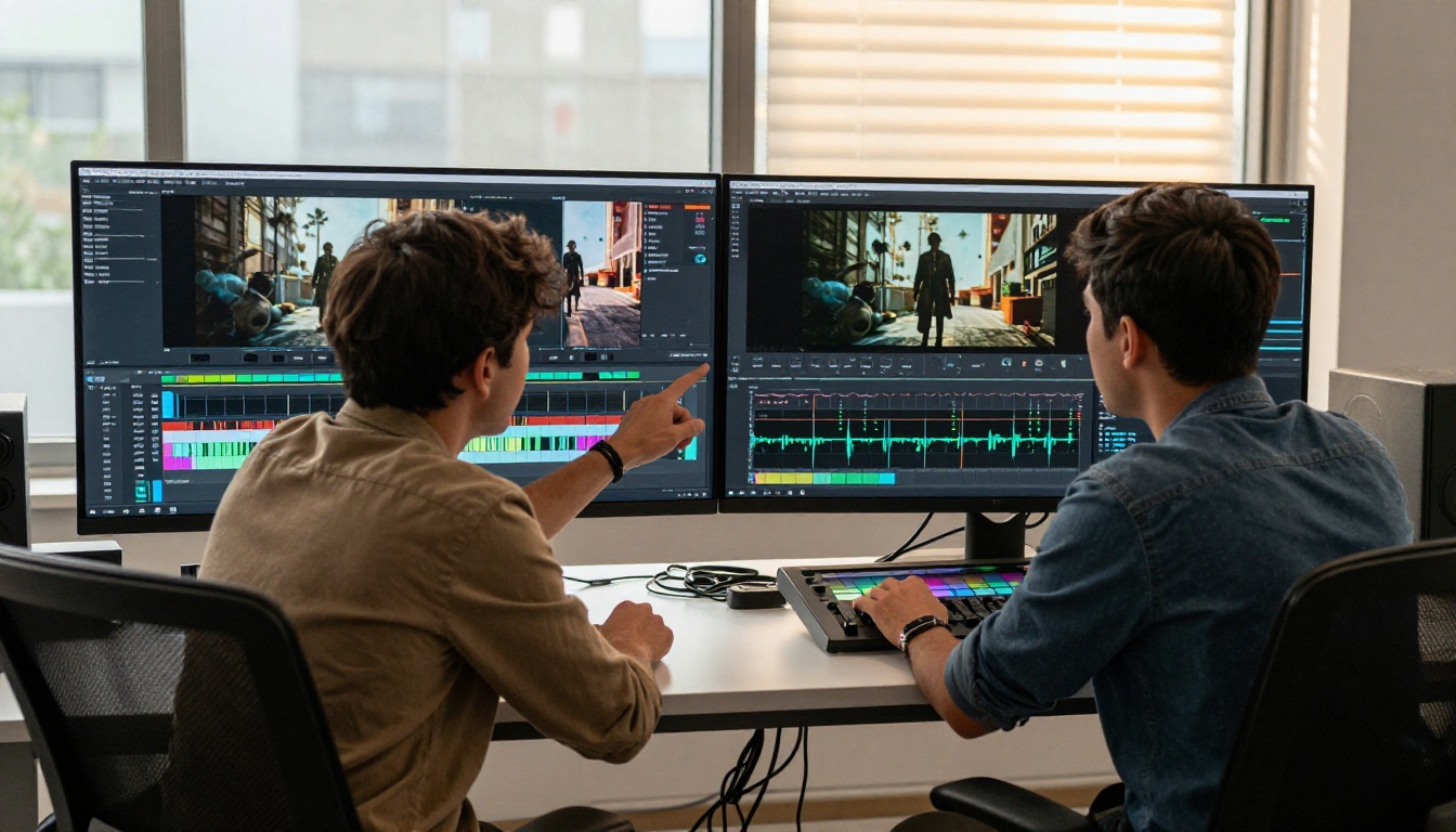 Two editors collaborating at a color grading station in morning light
