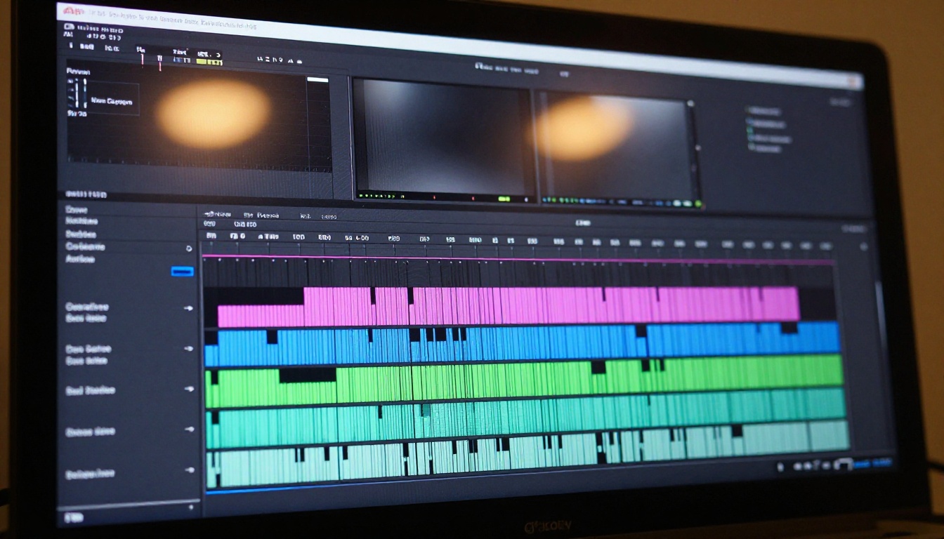 Close-up of video editing timeline on a monitor screen