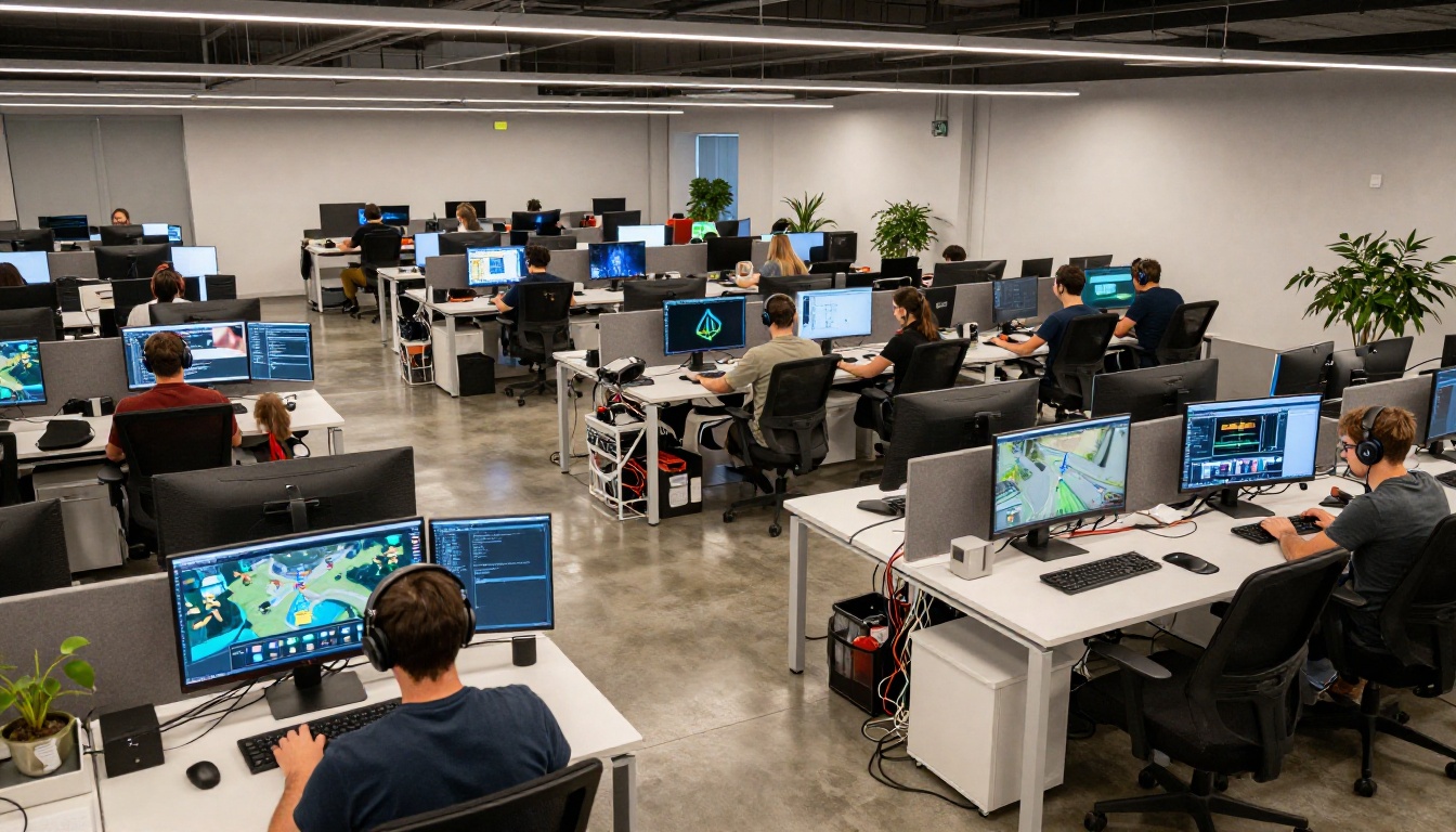 Modern game studio open-plan office seen from an aerial perspective