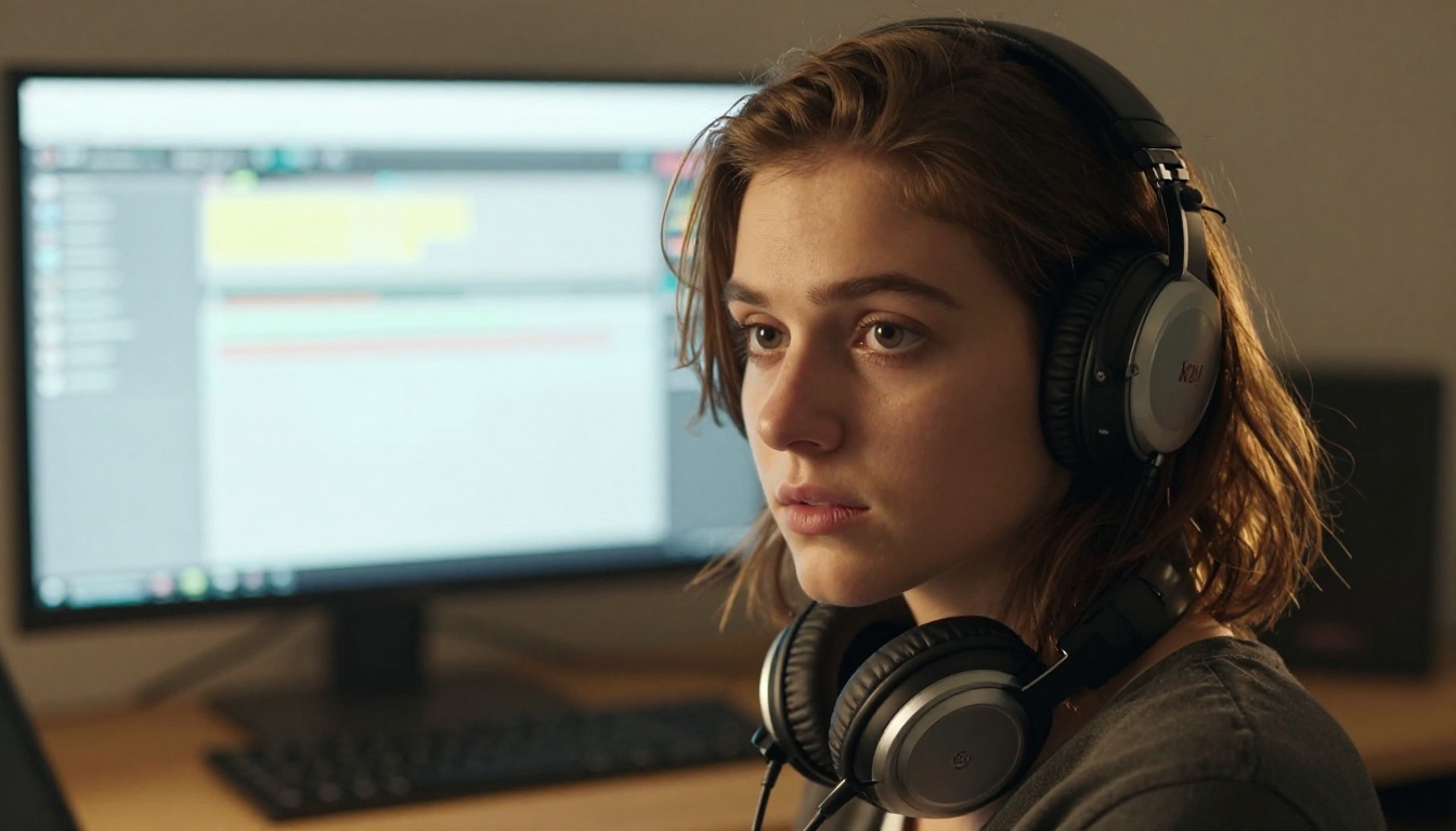 Young woman editor in focused concentration at a workstation