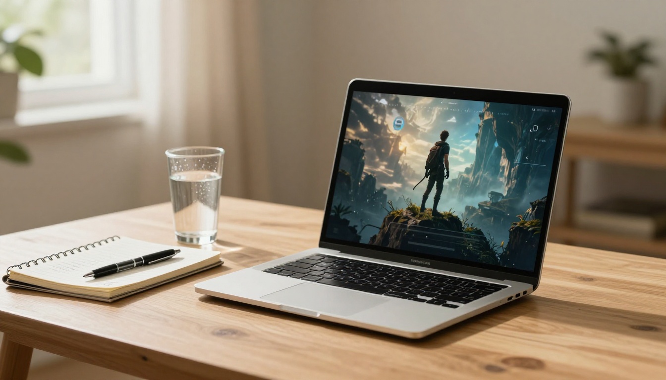 Laptop on coffee table with game trailer review and notebook