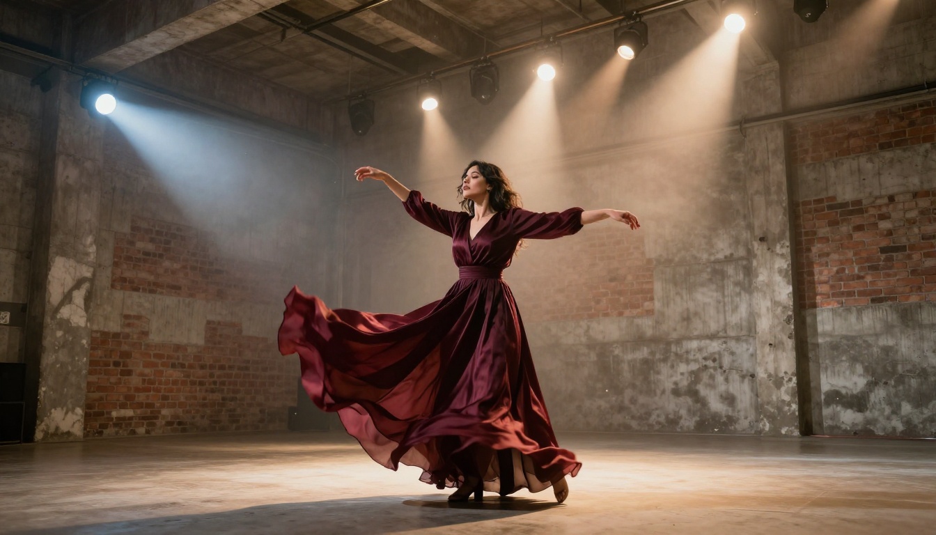 Female vocalist performing in a warehouse venue with dramatic lighting Female vocalist performing in a warehouse venue with dramatic lighting