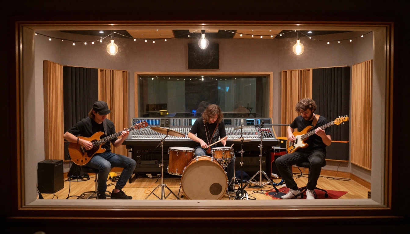 Band recording session seen through studio control room glass Band recording session seen through studio control room glass