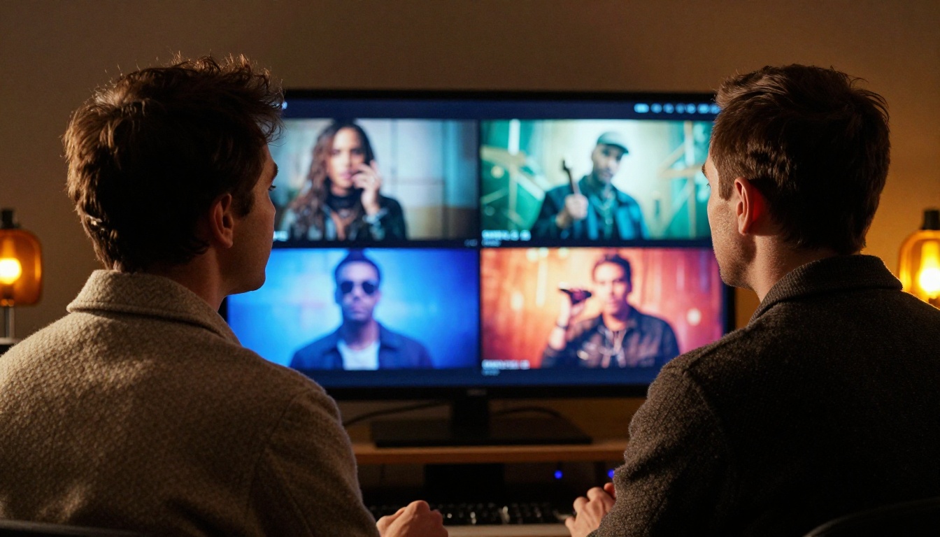 Film director reviewing music video frames on monitor in dark edit suite Film director reviewing music video frames on monitor in dark edit suite