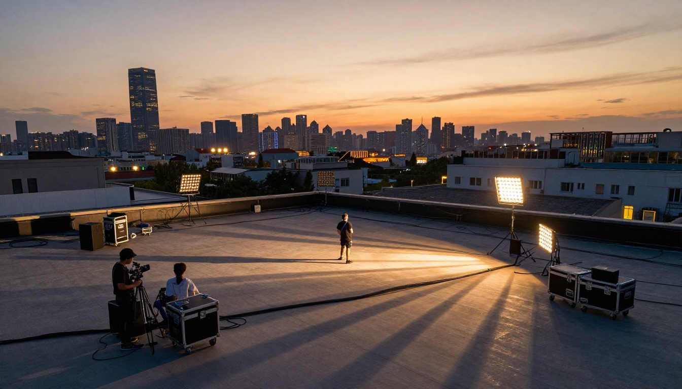 Rooftop concert setup at dusk with film crew and city skyline Rooftop concert setup at dusk with film crew and city skyline