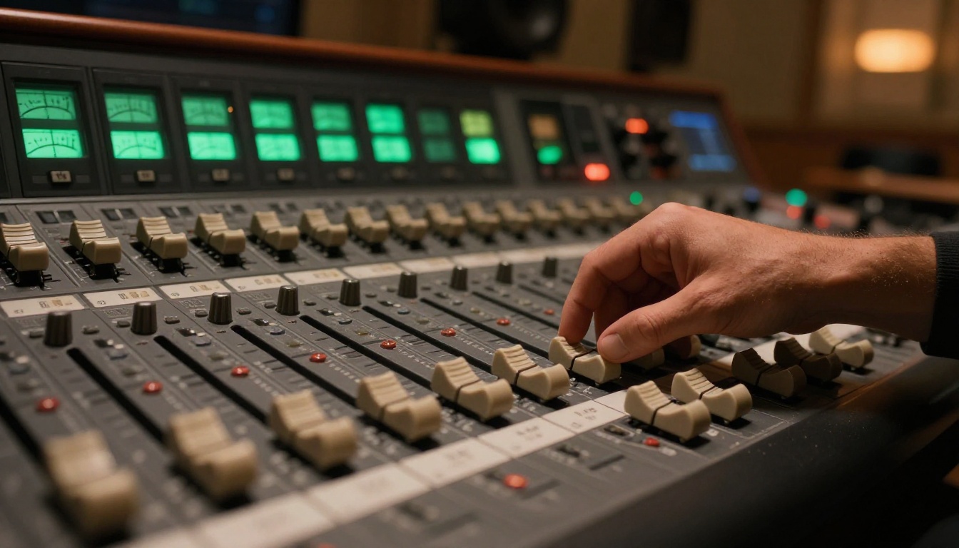 Sound engineer at mixing console with green VU meter glow and amber lighting Sound engineer at mixing console with green VU meter glow and amber lighting