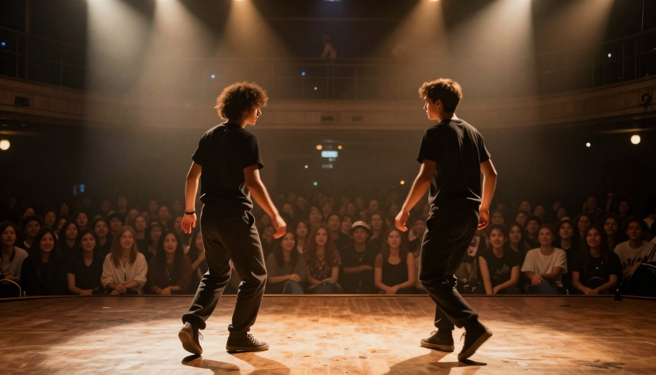 Two performers dancing on nightclub stage under theatrical spotlights Two performers dancing on nightclub stage under theatrical spotlights