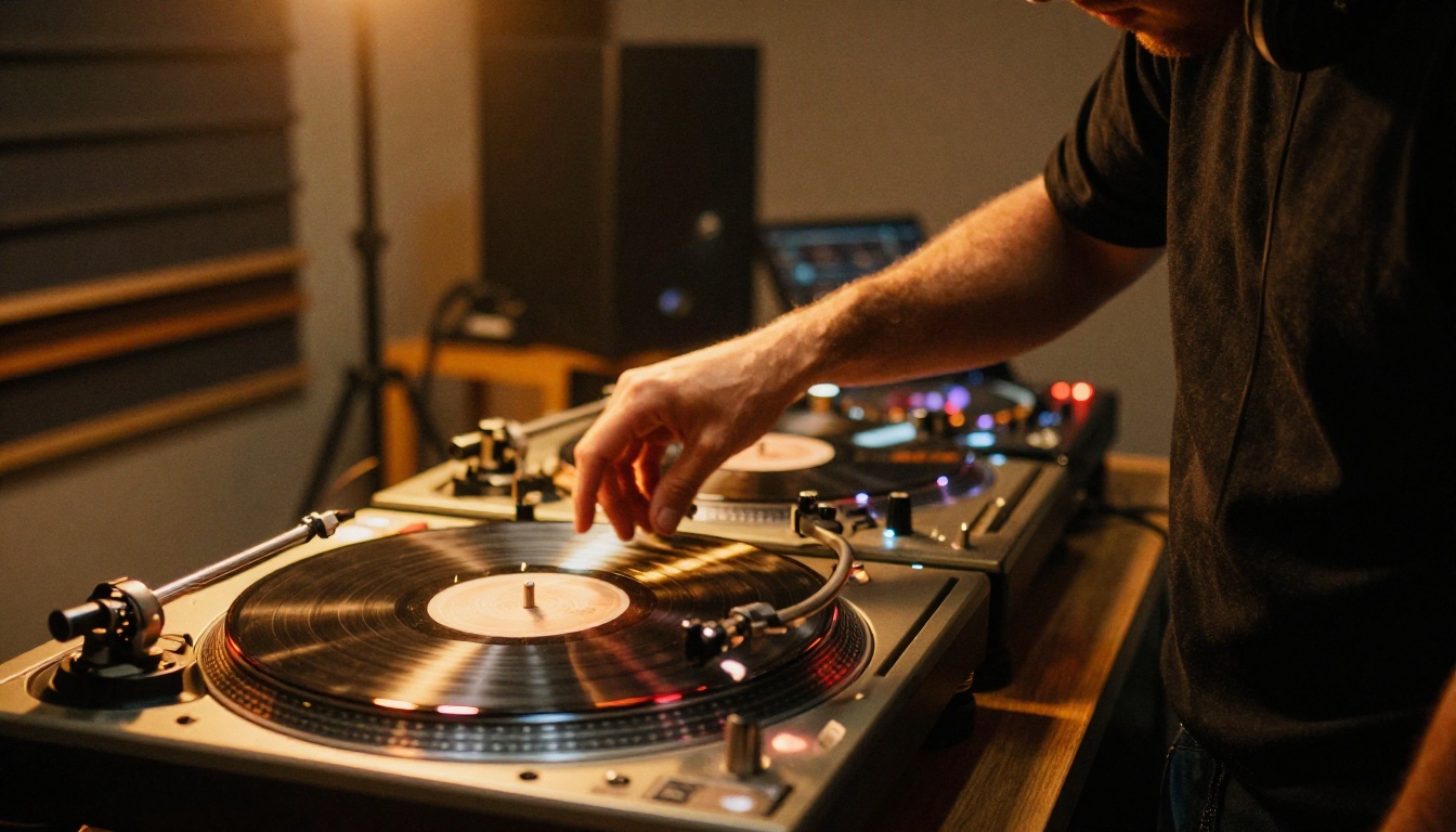 DJ at turntable setup with motion blur on spinning vinyl and amber spotlight DJ at turntable setup with motion blur on spinning vinyl and amber spotlight