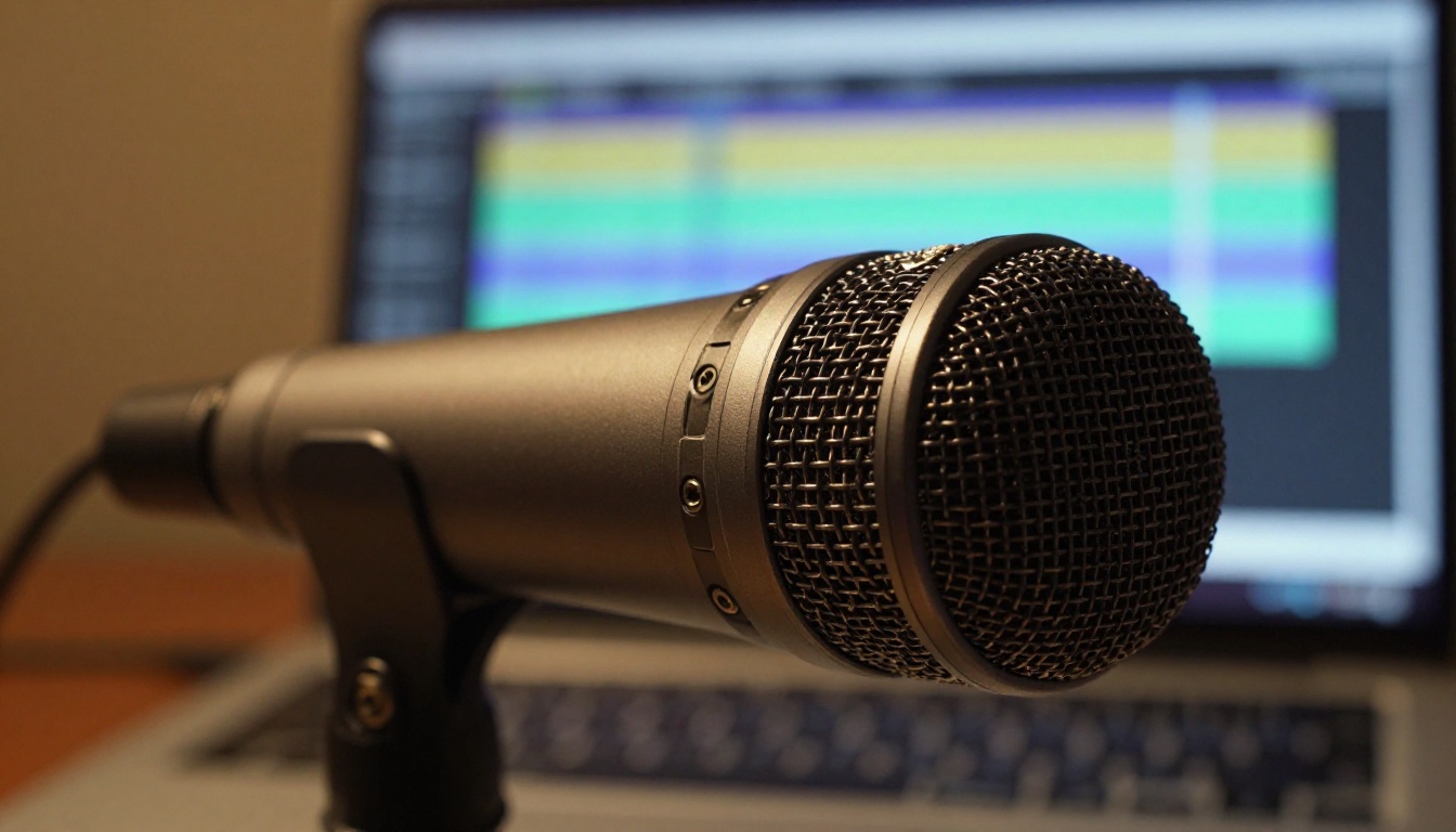 Podcast studio microphone close-up with waveform bokeh Podcast studio microphone close-up with waveform bokeh
