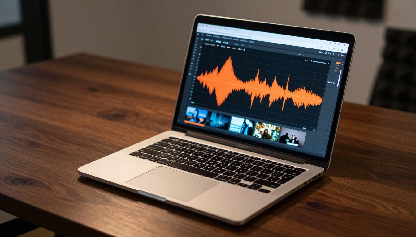 AI video generation interface on laptop screen in studio AI video generation interface on laptop screen in studio