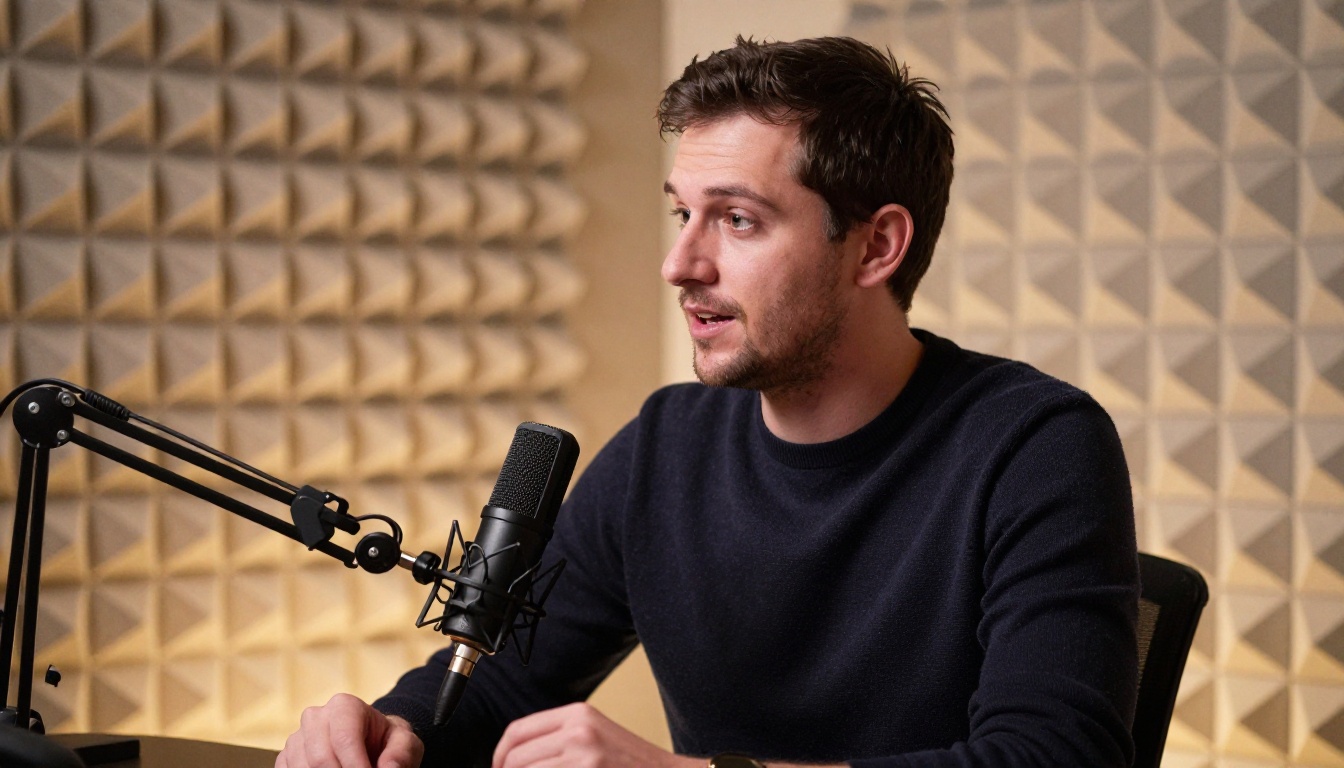 Podcast host at professional microphone in broadcast desk Podcast host at professional microphone in broadcast desk