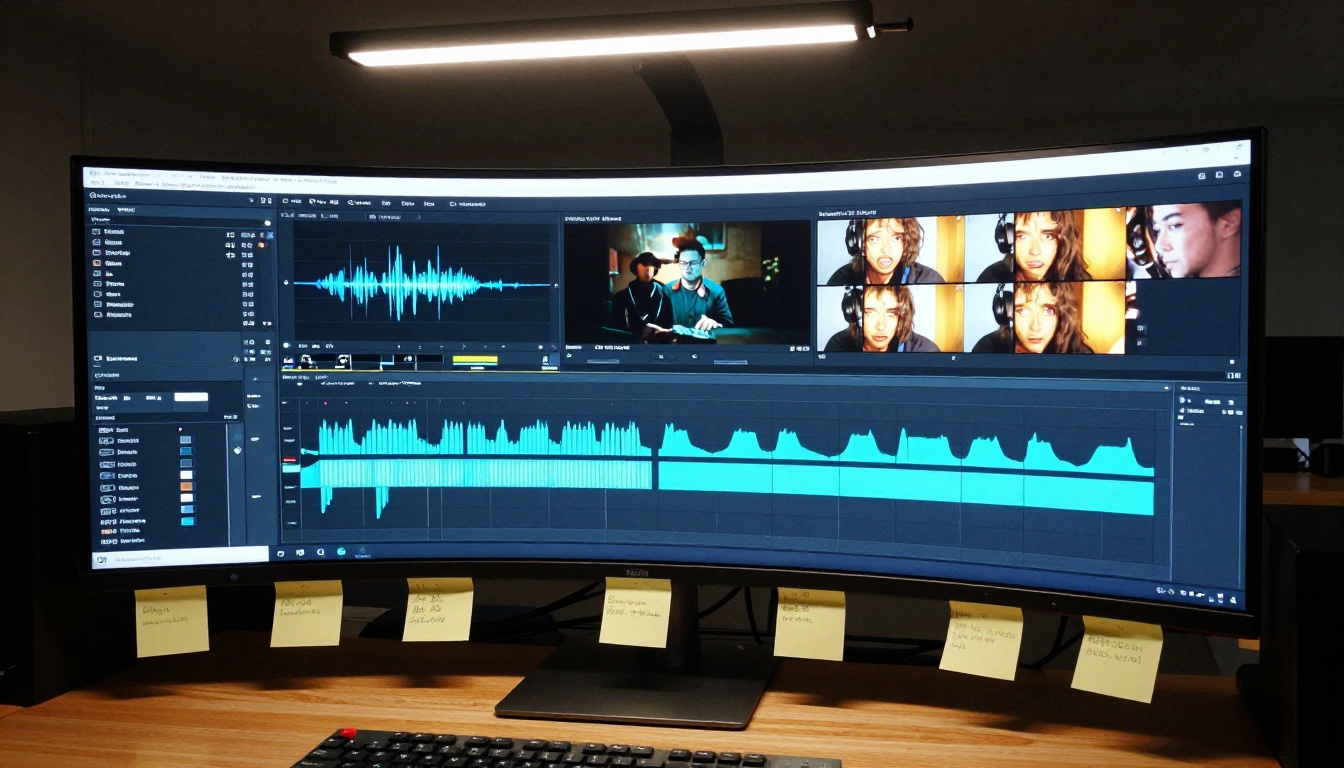Video editing timeline aerial view on ultrawide monitor Video editing timeline aerial view on ultrawide monitor
