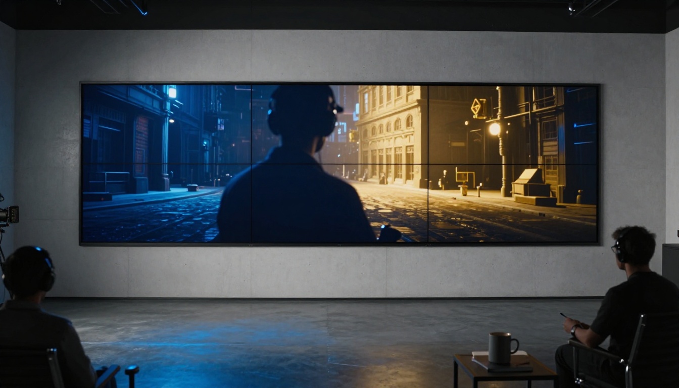 AI generated video displayed on large studio wall monitor AI generated video displayed on large studio wall monitor