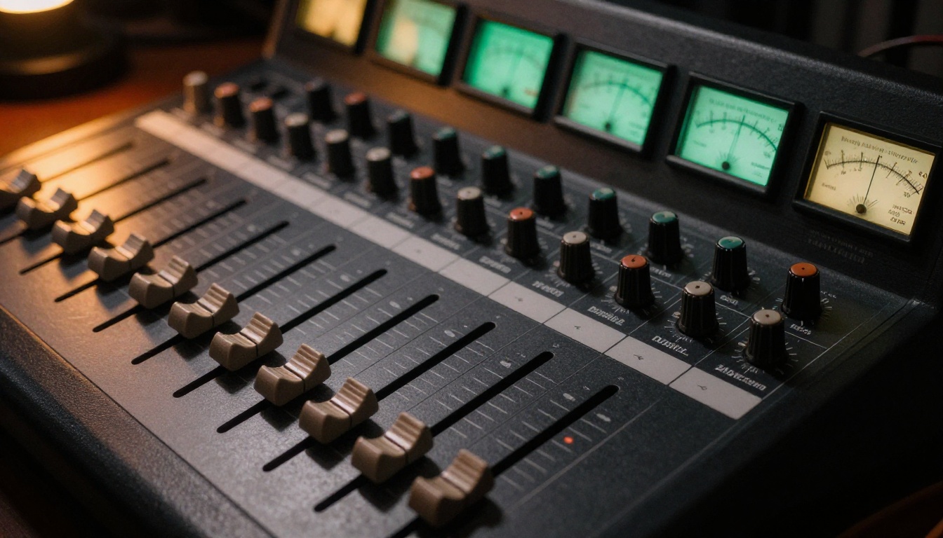 Professional audio mixing console in podcast production booth Professional audio mixing console in podcast production booth