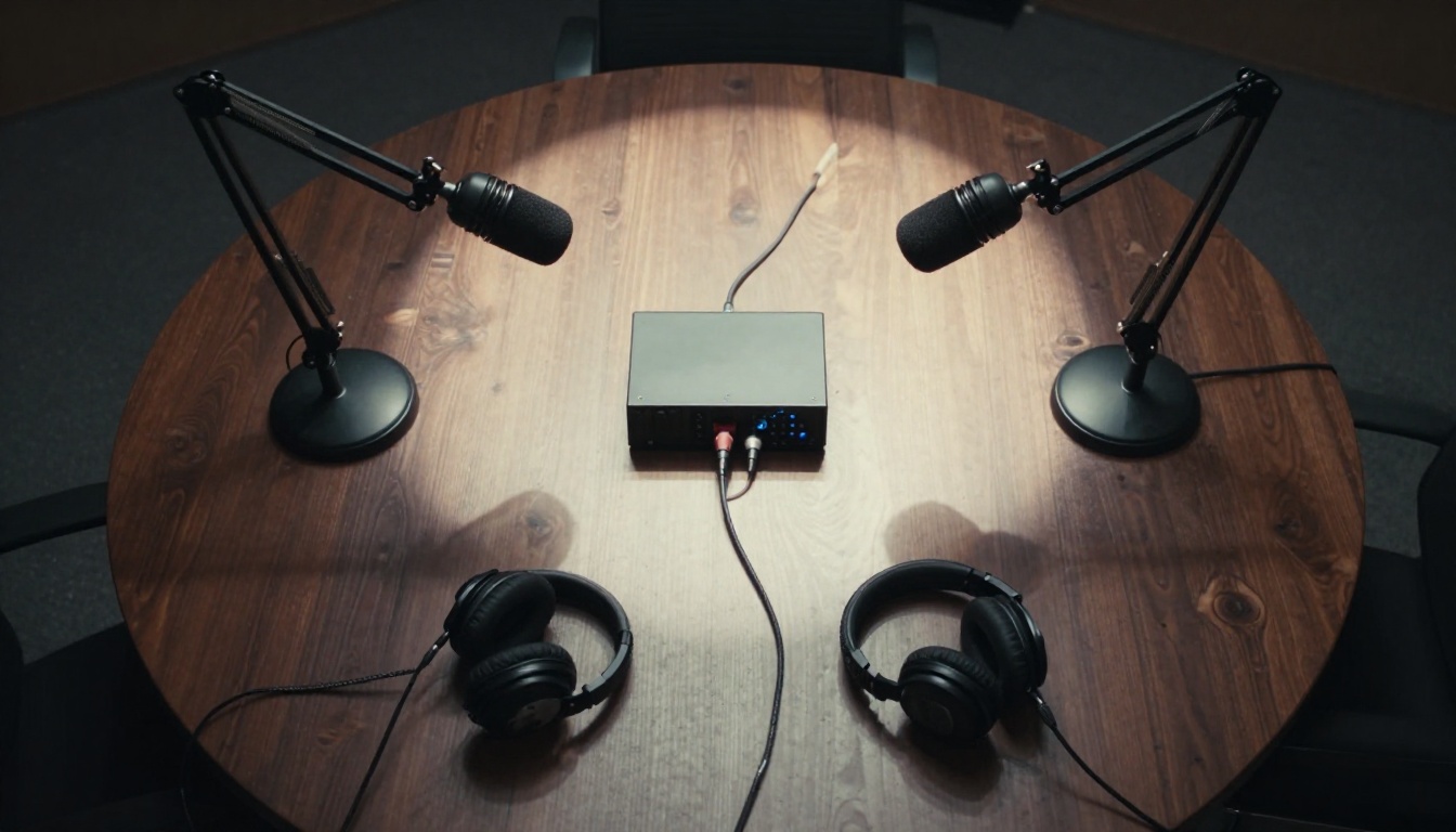 Podcast studio roundtable setup seen from above Podcast studio roundtable setup seen from above